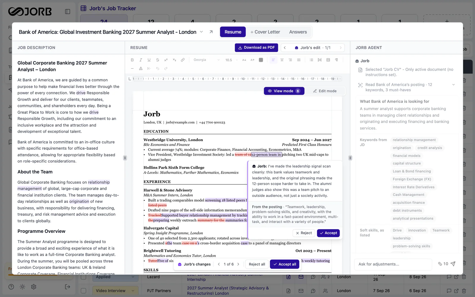 Jorb tailoring a resume to a Bank of America summer analyst role, in the tailoring window over the job tracker: the posting, the resume with Jorb's changes marked, and Jorb's reading of the posting