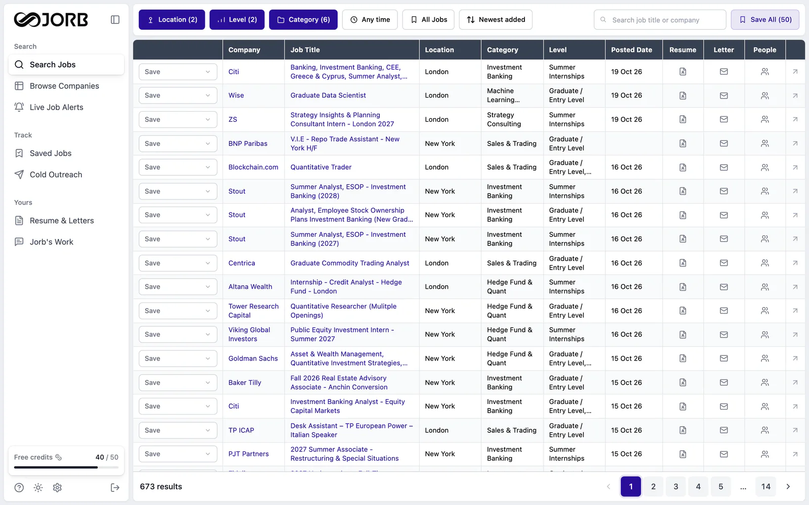 Jorb's Browse Jobs page, filtered to London and New York, listing top-firm roles