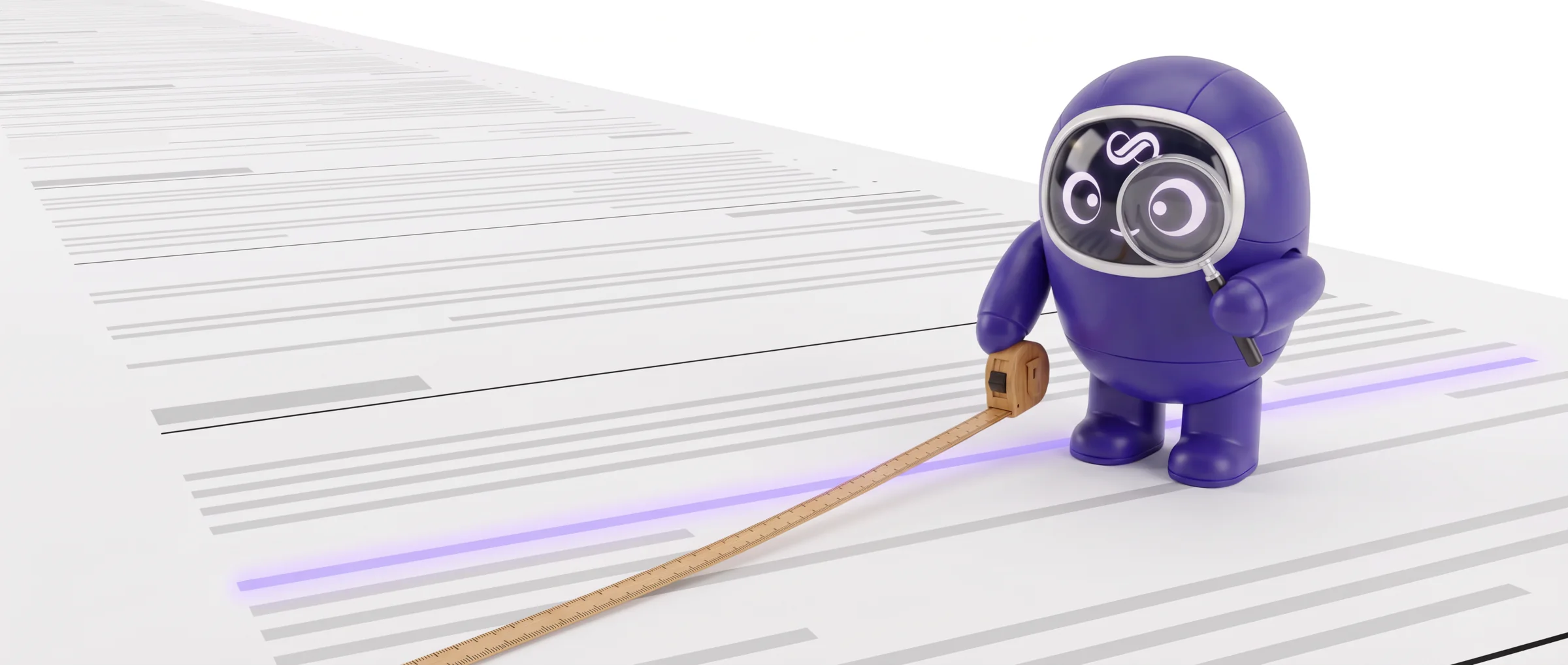 Jorb measuring one line of a resume laid flat, with a tape-measure ruler and a magnifying glass